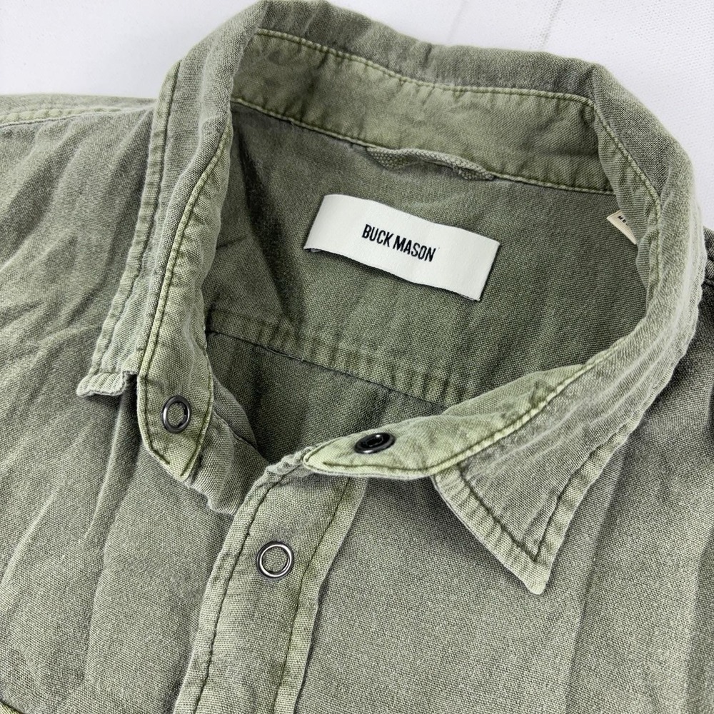 Buck Mason Shirt Mens Medium Green Short Sleeve Button Up Snap Pockets Cotton